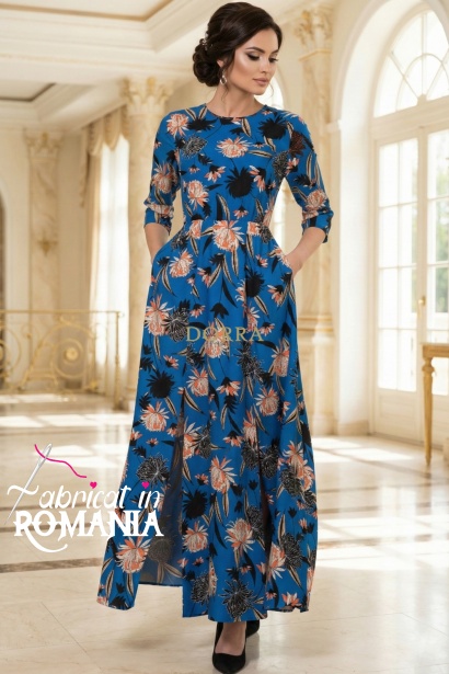 Rochie lunga Sorina din vascoza albastra, cu crapaturi si buzunare
