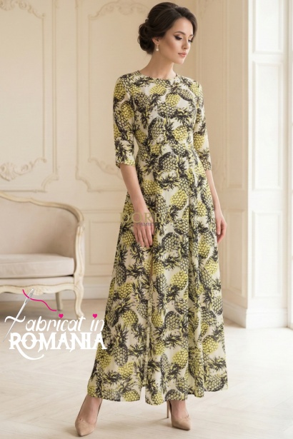 Rochie lunga Sorina din vascoza cu imprimeu vegetal, cu crapaturi si buzunare