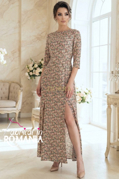 Rochie lunga Sorina din vascoza cu imprimeu floral, cu crapaturi si buzunare
