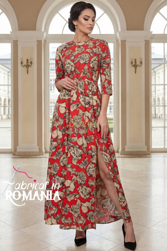 Rochie lunga Sorina din vascoza rosie, cu crapaturi si buzunare
