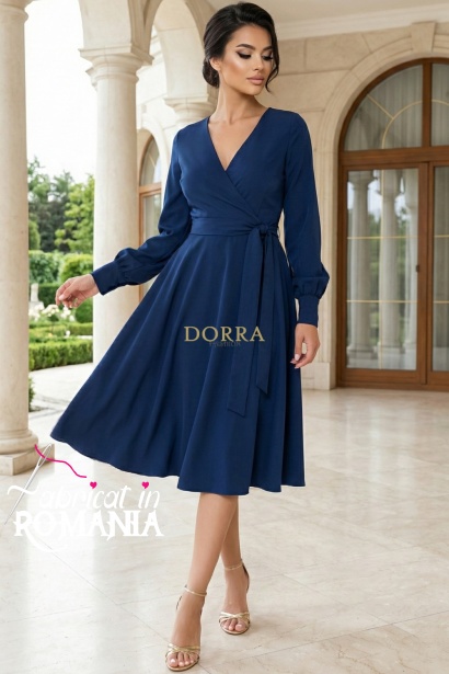 Rochie Valerie din stofa bleumarin cu pieptii petrecuti si cordon
