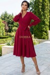 Rochie Valerie din stofa rosu-zmeuriu cu pieptii petrecuti si cordon