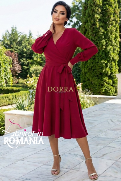 Rochie Valerie din stofa rosu-zmeuriu cu pieptii petrecuti si cordon