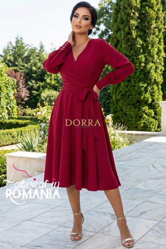 Rochie Valerie din stofa rosu-zmeuriu cu pieptii petrecuti si cordon