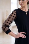 Rochie cocktail Amanda din stofa elastica neagra, cu maneca din tull cu catifea