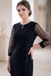 Rochie cocktail Amanda din stofa elastica neagra, cu maneca din tull cu catifea