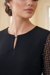 Rochie cocktail Amanda din stofa elastica neagra, cu maneca din tull cu micro cristale