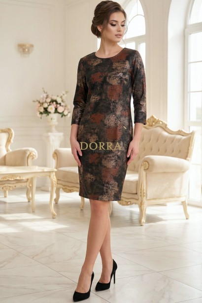 Rochie cocktail Anisya din jerse cu imprimeu metalizat, croiala larga si buzunare