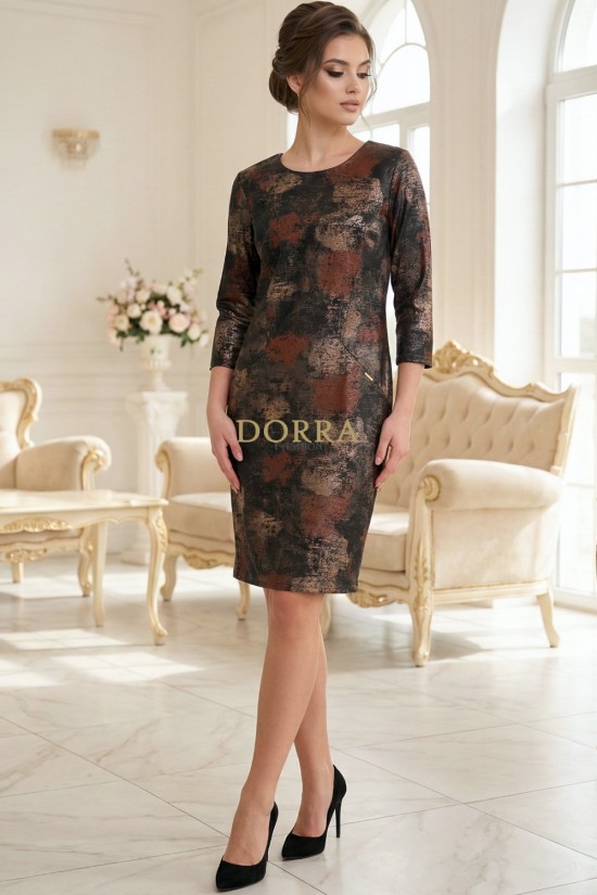 Rochie cocktail Anisya din jerse cu imprimeu metalizat, croiala larga si buzunare
