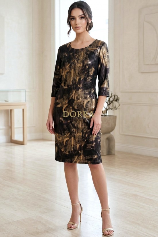 Rochie cocktail Anisya din jerse cu imprimeu metalizat auriu, croială ușor cambrată și buzunare