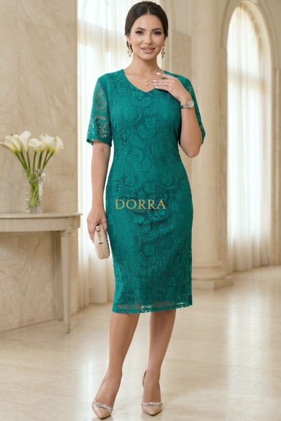 Rochie de ocazie Arkadia din dantela verde cu croiala dreapta si captuseala