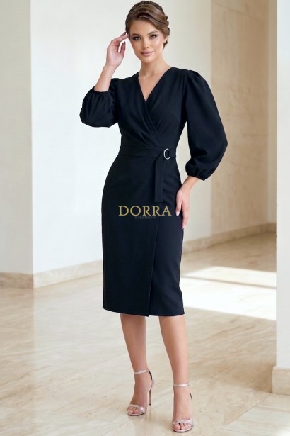 Rochie Ashley din stofa neagra cu pieptii petrecuti si catarama in talie