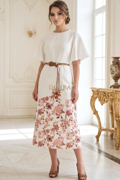 Rochie midi Brooke din țesătură tip in ivoire cu imprimeu floral, căptușeală și curea