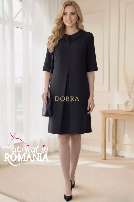 Rochie de zi Cara din stofă neagră, cu croială largă și mânecă 1/2