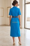 Rochie midi Celia din bumbac albastru, închidere cu nasturi și curea