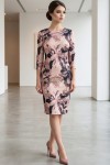 Rochie Corama din jerse roz prăfuit cu imprimeu floral, mânecă 3/4 și croială largă
