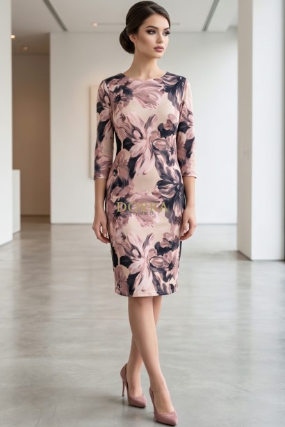 Rochie Corama din jerse roz prăfuit cu imprimeu floral, mânecă 3/4 și croială largă
