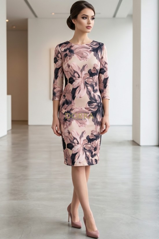 Rochie Corama din jerse roz prăfuit cu imprimeu floral, mânecă 3/4 și croială largă