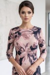 Rochie Corama din jerse roz prăfuit cu imprimeu floral, mânecă 3/4 și croială largă