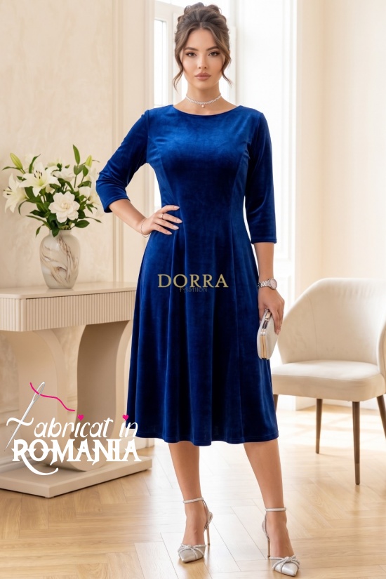 Rochie Daniela din catifea albastra, cu croiala in clini