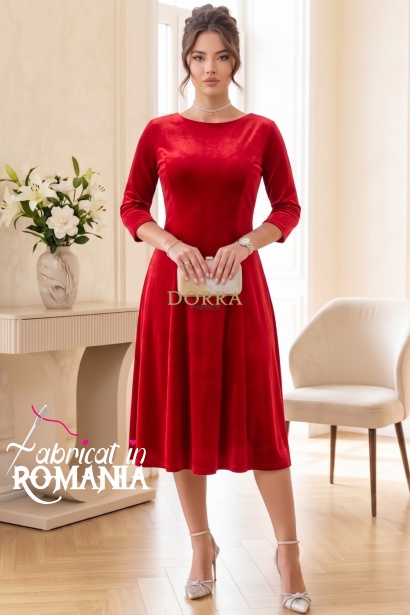 Rochie Daniela din catifea rosie, cu croiala in clini