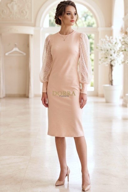Rochie Daria din jerse bej, cu maneci bufante din dantela