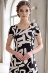 Rochie măsuri mari Diana din satin alb/negru, cu clini și mânecă scurtă
