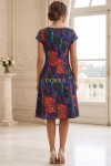 Rochie măsuri mari Diana din satin cu imprimeu tropical, cu clini și mânecă scurtă