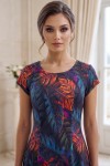 Rochie măsuri mari Diana din satin cu imprimeu tropical, cu clini și mânecă scurtă