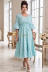 Rochie Dorothy din bumbac cu carouri turquoise, inchidere in nasturi, buzunare si volane