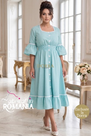 Rochie Dorothy din bumbac cu carouri turquoise, inchidere in nasturi, buzunare si volane