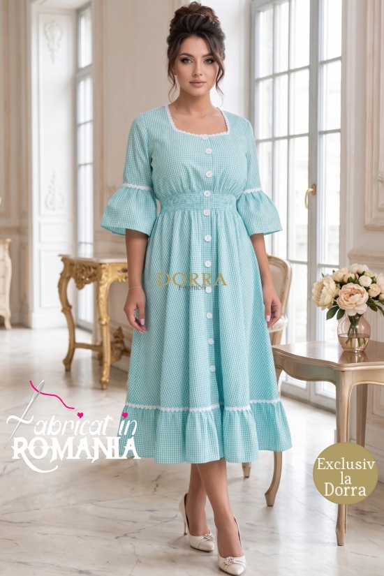 Rochie Dorothy din bumbac cu carouri turquoise, inchidere in nasturi, buzunare si volane