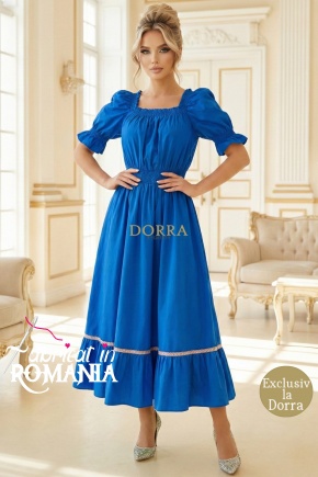 Rochie Ema din bumbac albastru, decolteu patrat si volan cu dantela