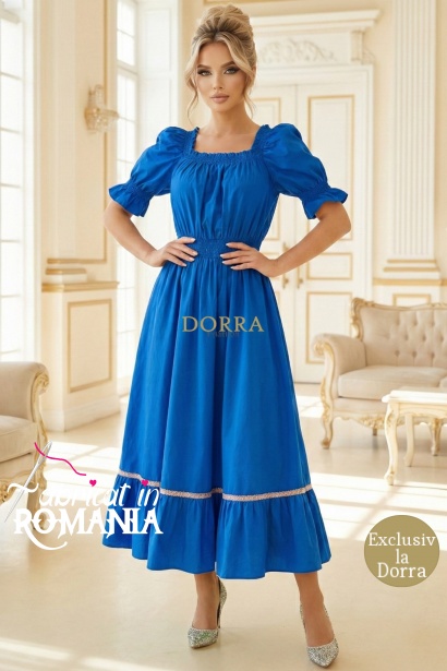 Rochie Ema din bumbac albastru, decolteu patrat si volan cu dantela
