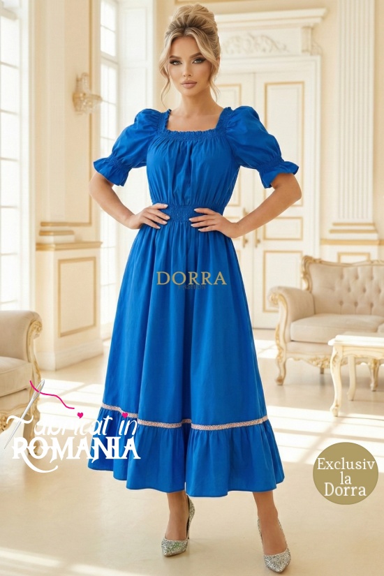 Rochie Ema din bumbac albastru, decolteu patrat si volan cu dantela