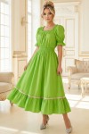 Rochie Ema din bumbac verde fistic, decolteu patrat si volan cu dantela