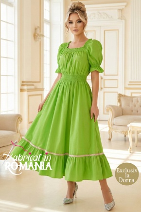Rochie Ema din bumbac verde fistic, decolteu patrat si volan cu dantela