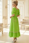Rochie Ema din bumbac verde fistic, decolteu patrat si volan cu dantela