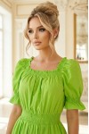 Rochie Ema din bumbac verde fistic, decolteu patrat si volan cu dantela