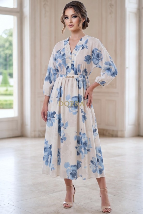 Rochie midi Enia din țesătură de in ivoire cu imprimeu floral, căptușeală și elastic în talie