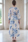 Rochie midi Enia din țesătură de in ivoire cu imprimeu floral, căptușeală și elastic în talie