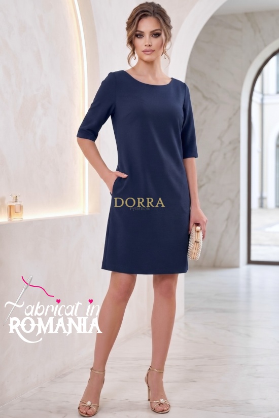 Rochie de zi Enigma din stofă bleumarin, cu croială largă și mânecă 1/2