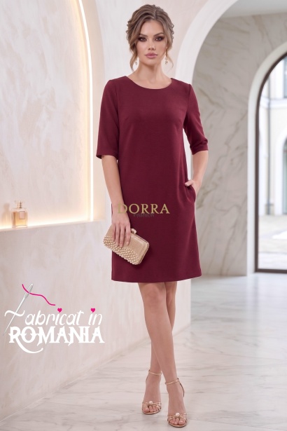 Rochie de zi Enigma din stofă grena, cu croială largă și mânecă 1/2