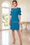 Rochie de zi Esmeralda din stofa turquoise, cu fundite pe maneci si buzunare