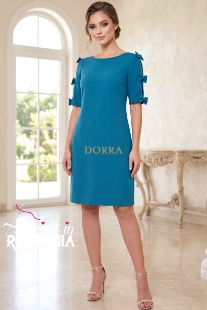 Rochie de zi Esmeralda din stofa turquoise, cu fundite pe maneci si buzunare