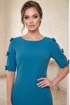Rochie de zi Esmeralda din stofa turquoise, cu fundite pe maneci si buzunare