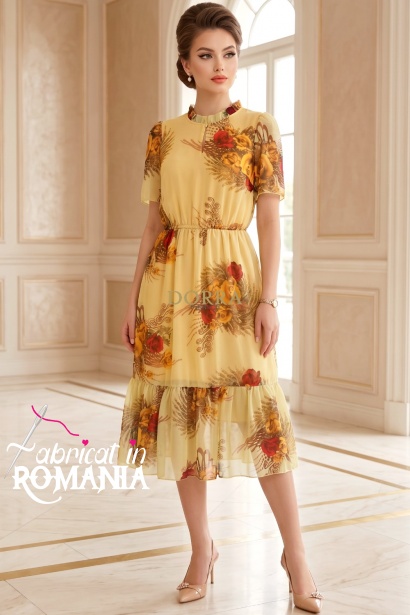 Rochie midi Evangeline din voal galben cu imprimeu floral, căptușeală și volan