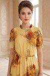 Rochie midi Evangeline din voal galben cu imprimeu floral, căptușeală și volan