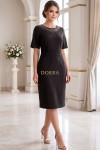 Rochie cocktail Gemma din stofa elastica neagra, cu maneca scurta si aplicatii la decolteu