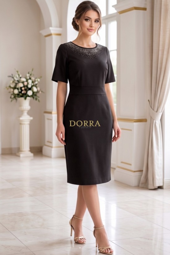 Rochie cocktail Gemma din stofa elastica neagra, cu maneca scurta si aplicatii la decolteu